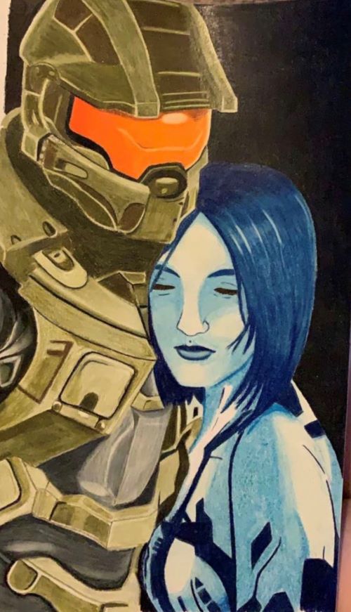 Image of Master Chief and Cortana in colored pencil.